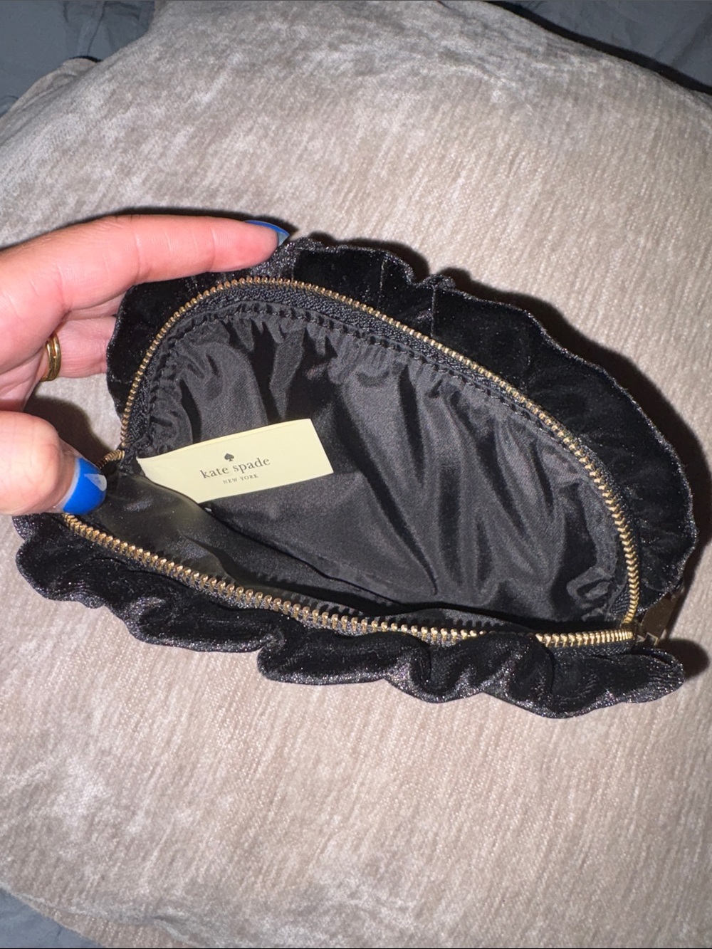 kate spade Black Velvet Ruffle Makeup Pouch with Gold Logo - Picture 2 of 2